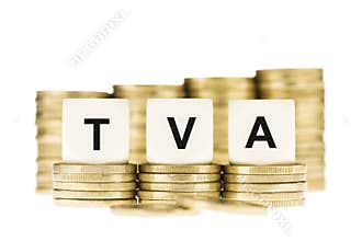 TVA (Value Added Tax) on Piles of Gold Coins with a White Background