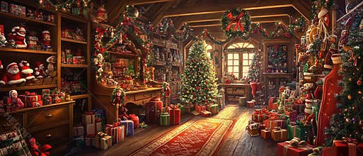 Santa's Workshop Filled with Toys, Candy Canes, and Festive Decorations