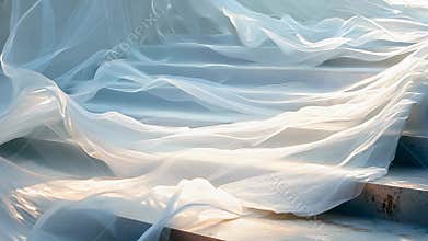 Ethereal White Fabrics Draped Over Steps in Soft Light Background.