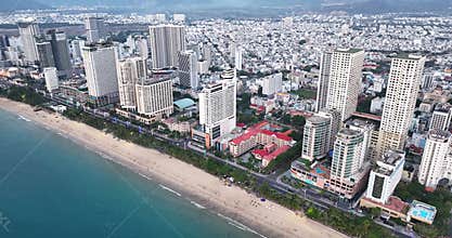The coastal city of Nha Trang seen from above on a sunny summer afternoon