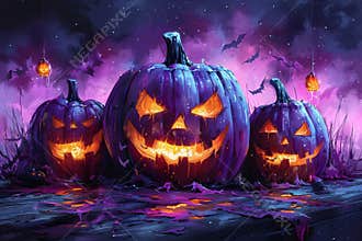 Spooky halloween background featuring hanging jack o lanterns and carved pumpkins on lilac