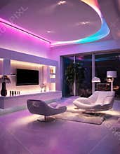 Modern living room with ambient lighting and futuristic design