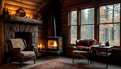 Cozy Cabin Living Room with Stone Fireplace and Autumn Forest View Through Large Windows