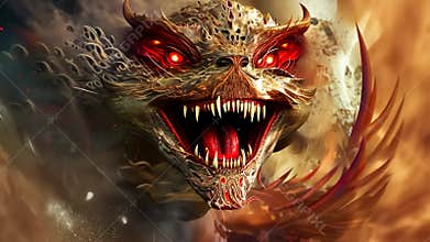 Golden dragon breathing fire with red eyes