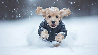 Playful puppy in winter coat enjoying snow, running through snowflakes, winter fun, dog in snow, pet in winter, outdoor