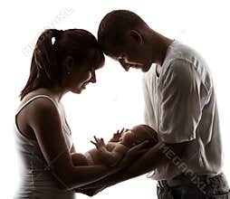 Family with newborn baby. Parents silhouette over white