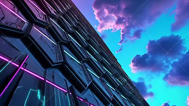 Vibrant sci-fi scene with synthwave styled towers in breathtaking perspective. Futuristic cyberpunk city in blue and