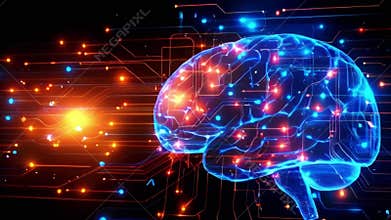 Animation of Digital brain illuminated with network connections and technological circuits. Artificial Intelligence