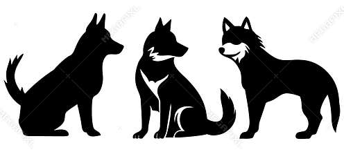 Black dog silhouette, three dogs, dog sitting art on a white background