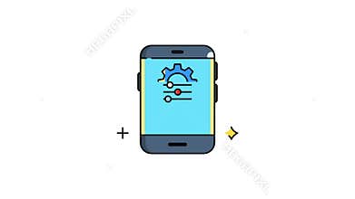 smartphone with a blue screen displaying a blue gear icon at the top