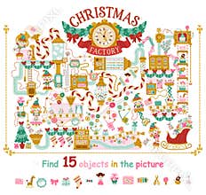 Find 10 objects in the picture. Christmas factory with elves. Fantasy mechanisms, conveyors and robots that pack gifts