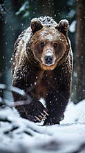 A brown bear walks steadily through a snow-covered forest during evening snowfall
