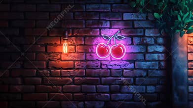 A neon sign with two cherries on it is lit up against a brick wall. The sign is glowing in the dark. Zoom in