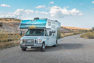 Levan, Utah, USA. September 7, 2019 - Cruise America RV besides a road in Utah