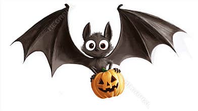 Smiling cartoon bat holding a carved pumpkin is flying while spreading its wings. Perfect illustration for halloween
