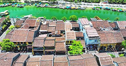 Aerial view of ancient town by Thu Bon River in Vietnam