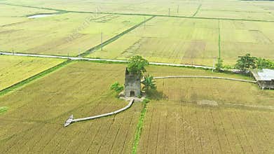 Aerial view of an abandoned old brick kiln under the background