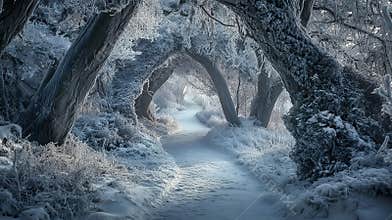 A snowy landscape with a path winding through a forest of ancient, frost covered trees, leading to a mysterious, glowing portal