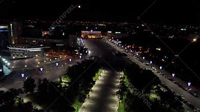 Aerial Freedom Square in night Kharkiv city