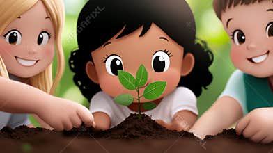 Community children volunteers planting trees together in a vibrant garden during springtime, cartoon illustration