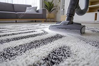 Modern carpet cleaning with vacuum in bright living room