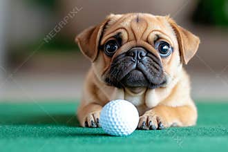 A small dog laying on a green with a golf ball