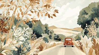 Vintage car on scenic country road surrounded by autumn foliage and rolling hills