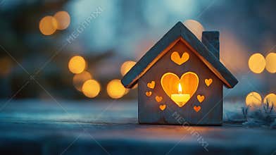 Cozy wooden house with heart shaped candle for warm winter nights
