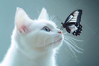 A white cat with a butterfly on its nose