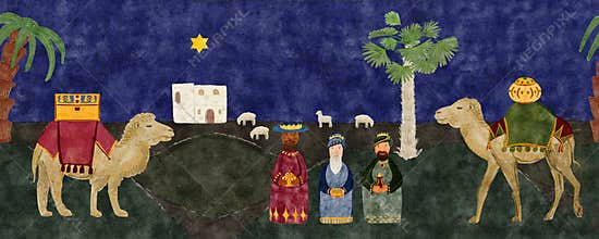 Wise men, camels, magi, sheep, star Christmas seamless border digital watercolor on dark background. Hand painted art