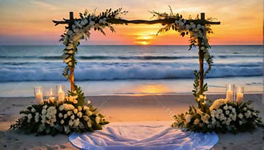 A romantic wedding altar decorated with flowers and intertwined branches,
