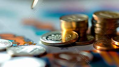 Banker adding coin to stack on financial report