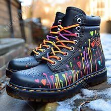 Colorful boots with heart and abstract designs on snow