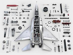 Dismantlement diagram of Fighter Jet, the Fighter Jet is in the middle of the picture, and Fighter Jet parts are neatly