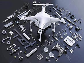 Dismantlement diagram of Drone, the Drone is in the middle of the picture, and Drone parts are neatly placed around it