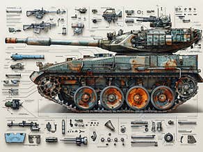 Dismantlement diagram of Main Battle Tank, the Main Battle Tank is in the middle of the picture, and Main Battle Tank