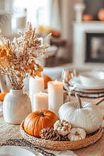 Elegant autumn table setting with pumpkins, candles, and dried flowers, perfect for seasonal celebrations or Thanksgiving decor.t
