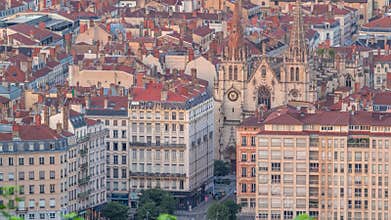 Aerial timelapse of the Church of Saint-Nizier in the Presqu'ile district of Lyon, France.