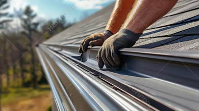 Man installing a metal gutter on a sloped roof with trees in the background on a sunny day