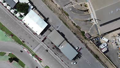 aerial shooting, racing cars driving on the go-kart track