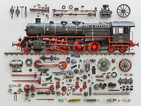 Dismantlement diagram of Steam Locomotive, the Steam Locomotive is in the middle of the picture, and Steam Locomotive