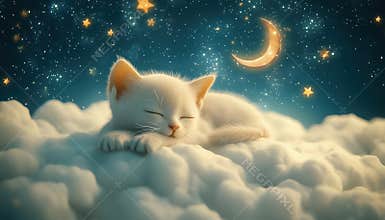 Adorable Baby Cat Snoozing On A Fluffy Cloud In A Night Sky Full Of Stars And Crescent Moon