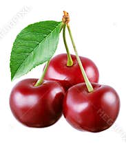 Three cherries with leaf isolated on white.
