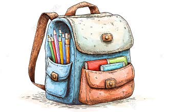 Colorful school backpack with pencils and books illustration