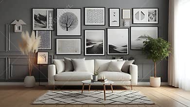 contemporary living room design with decorative pillows and posters