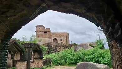 Arched Opening Leading to Madan Mahal Fort with Ancient Architecture