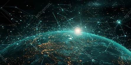 A futuristic satellite and an abstract global network layout. Digital links and data transfer across the Earth