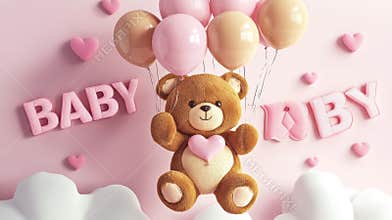 Plush Teddy Bear Flying with Balloons in a Pink Baby Shower Scene