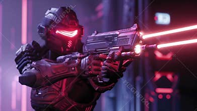 A fierce warrior with glowing red eyes grips his advanced laser blaster ready to take on any challengers in the FPS