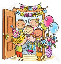 Cartoon kids birthday party. Greeting card, happy children celebrating birthday with balloons and gifts